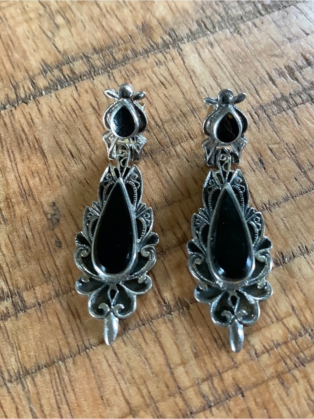 Vintage 925 Sterling Silver Black Onyx Drop Earrings